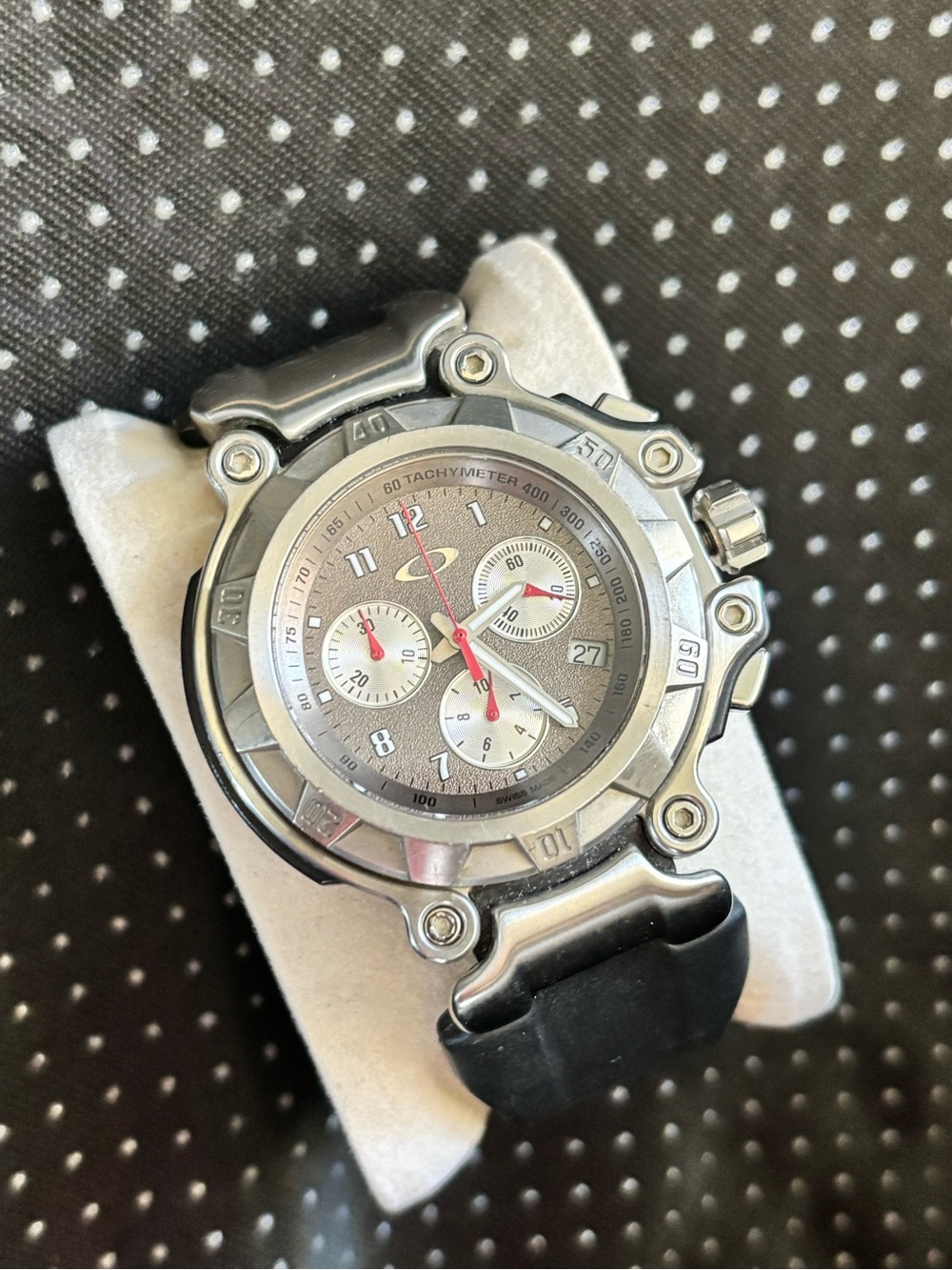 Oakley Crankcase Watch: Silver & Black Chronograph Sport Watch with Red Accents